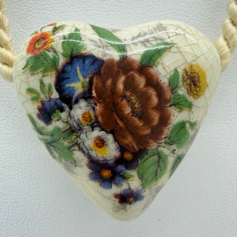 Vintage Ceramic Floral Heart Pendant Necklace Cream Braided Cord Cottagecore
